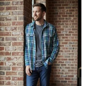 ​Outerknown Men's Plaid Flannel Blanket Shirt Green Blue Organic Cotton Medium